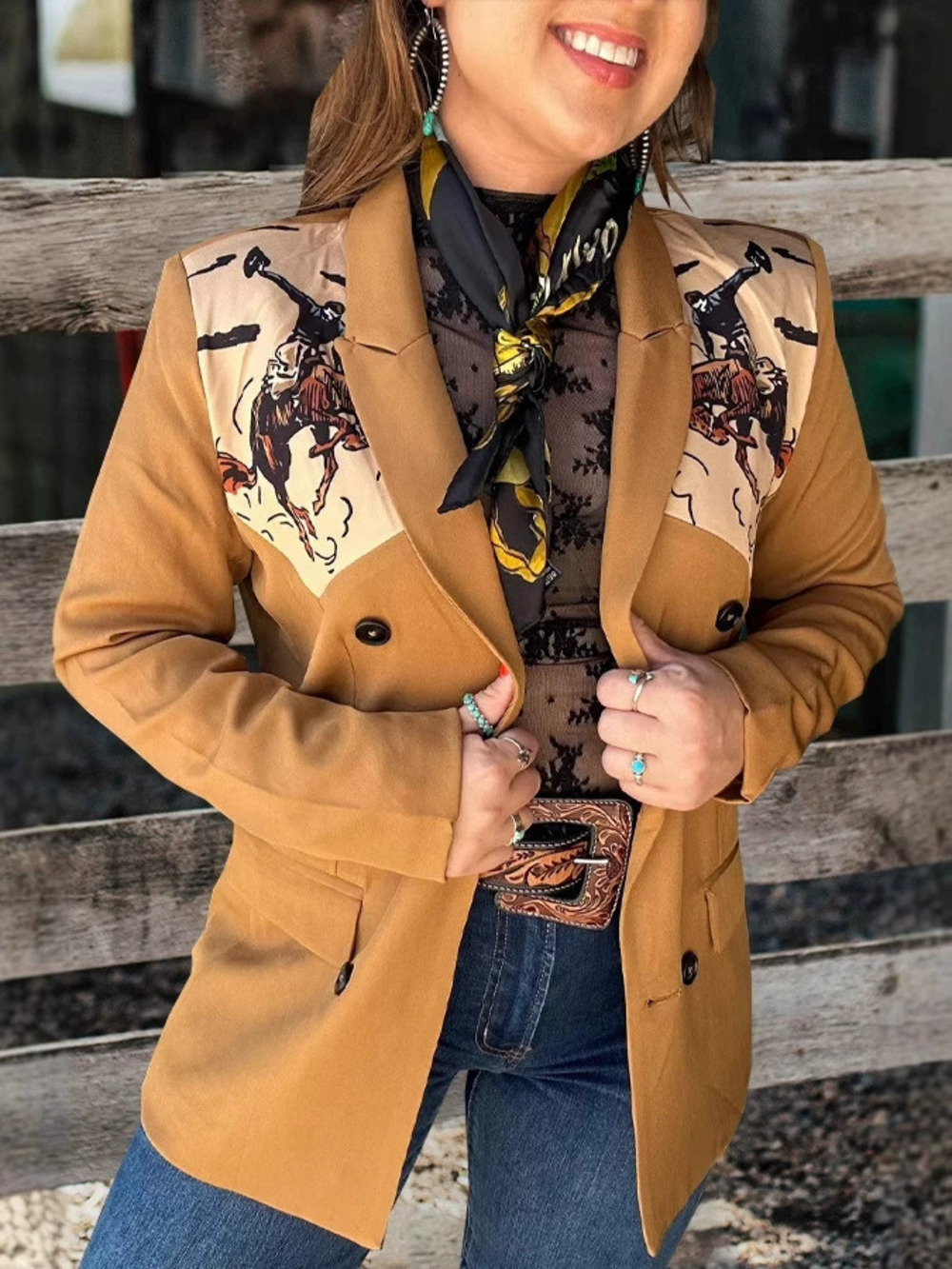 ZARA Long Sleeve Digital Print Notch Lapel Pocket Jacket